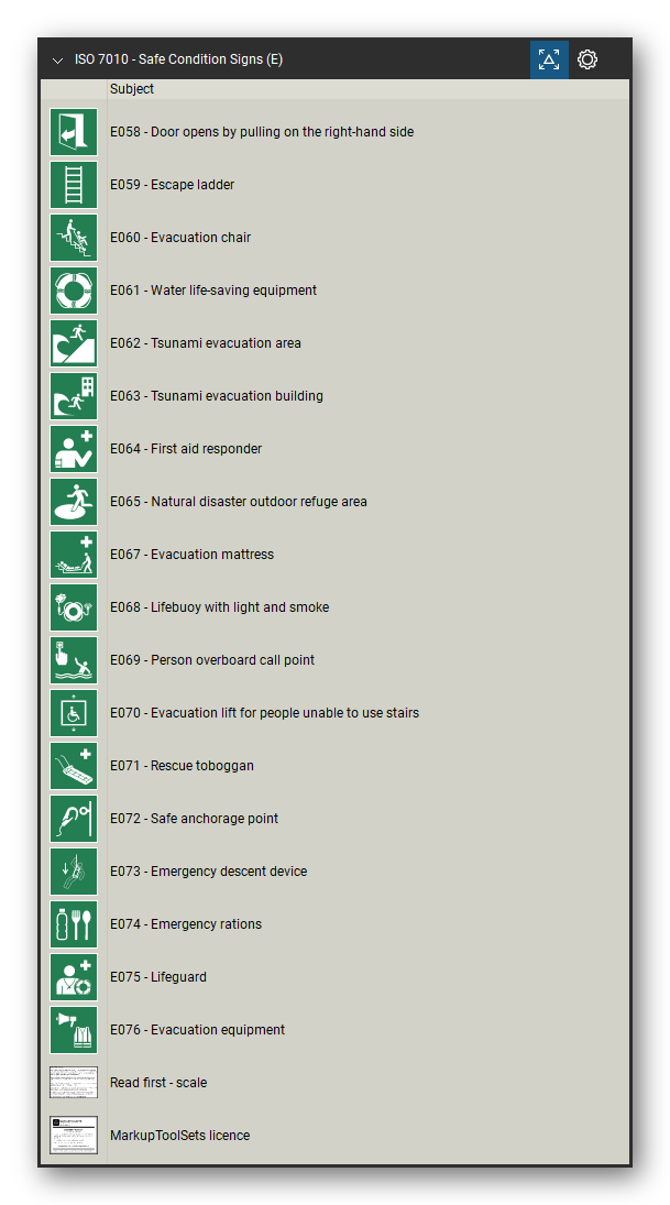 ISO 7010 Safety Signs tool set for Bluebeam Revu, Safe Condition Signs (E) set (part 4 of 4) - 77 green safe condition signs: emergency exit left and right hand, emergency exit with direction arrow, direction arrows, evacuation assembly point, first aid, emergency telephone, defibrillator, eyewash station, safety shower, stretcher, emergency exits for people unable to walk, refuges, doors that open by pushing and more. Tool Chest in Detail view, one row per sign with its number and full name.
