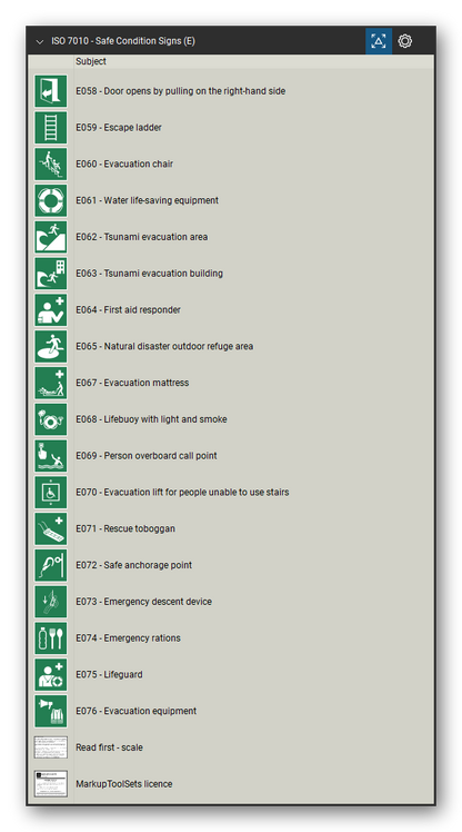 ISO 7010 Safety Signs tool set for Bluebeam Revu, Safe Condition Signs (E) set (part 4 of 4) - 77 green safe condition signs: emergency exit left and right hand, emergency exit with direction arrow, direction arrows, evacuation assembly point, first aid, emergency telephone, defibrillator, eyewash station, safety shower, stretcher, emergency exits for people unable to walk, refuges, doors that open by pushing and more. Tool Chest in Detail view, one row per sign with its number and full name.