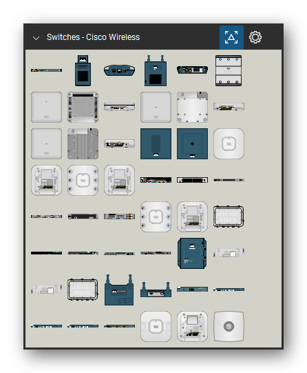 Network Switches & Routers tool set for Bluebeam Revu, Cisco Wireless set (tools 1-48 of 206) - 48 views of 31 devices, front, rear and side: 5500 Series, AIR-AP1120B-x-K9, AIR-AP1200, AIR-AP1252AG-x-KD, AIR-AP1852I-K9, AIR-AP2802I-K9, AIR-AP3802I-K9, AIR-BR1410A-1-K9, AIR-BR1410A-1-K9N, AIR-CAP3502-A-K9 and 21 more. Tool Chest in Symbol view.