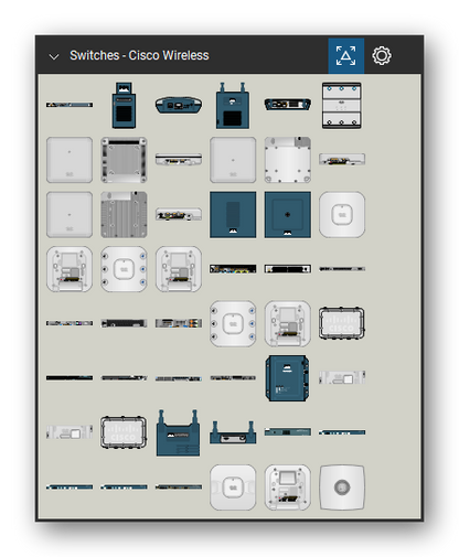 Network Switches & Routers tool set for Bluebeam Revu, Cisco Wireless set (tools 1-48 of 206) - 48 views of 31 devices, front, rear and side: 5500 Series, AIR-AP1120B-x-K9, AIR-AP1200, AIR-AP1252AG-x-KD, AIR-AP1852I-K9, AIR-AP2802I-K9, AIR-AP3802I-K9, AIR-BR1410A-1-K9, AIR-BR1410A-1-K9N, AIR-CAP3502-A-K9 and 21 more. Tool Chest in Symbol view.