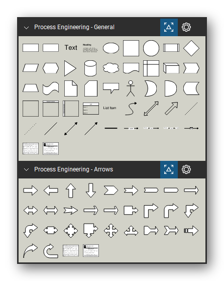 Process Engineering tool set for Bluebeam Revu, the General and Arrows sets in the Tool Chest - 45 general diagram tools (text, shapes, connectors) and 29 block arrows.