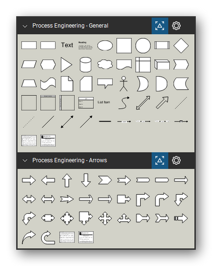 Process Engineering tool set for Bluebeam Revu, the General and Arrows sets in the Tool Chest - 45 general diagram tools (text, shapes, connectors) and 29 block arrows.