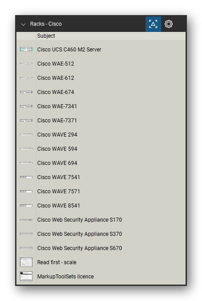 Racks tool set for Bluebeam Revu, Cisco set (part 6 of 6) - 101 Cisco devices: integrated services routers, 7600 and ASR routers, Catalyst and Nexus switches, ONS platforms, UCS servers and fabric interconnects, WAE and WAVE appliances and security appliances. Tool Chest in Detail view, one row per tool with its name.