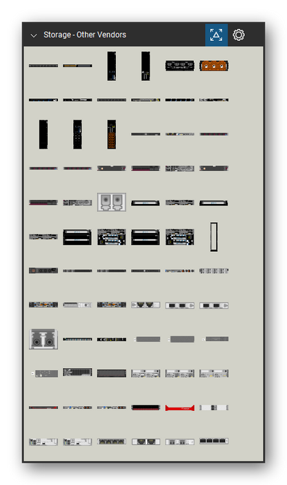 Storage & Backup tool set for Bluebeam Revu, Other Vendors set (tools 1-72 of 160) - 72 views of 55 devices, front and rear: ActiveScale Management Switch, ActiveScale P100 Base, ActiveScale Storage Enclosure, ActiveScale Storage Node, ActiveScale System Interconnect, ActiveScale System Node, ActiveScale System Rack, ActiveScale X100, Avere FXT 5000 Front Bezel, Avere FXT 5000 and 45 more. Tool Chest in Symbol view.