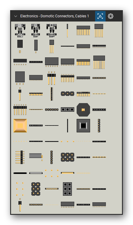 Automation & Electronics tool set for Bluebeam Revu, Domotic Connectors, Cables 1 set (tools 73-144 of 170) - 72 views of 55 devices, front, rear, side, top and bottom: USB A, USB B micro, USB B mini, 1*1 Receptacle Side Long, 1*13 Receptacle Side Long, 1*6 Receptacle Side Long, 1*1 Side Low Factor Receptacle, 1*1 Receptacle Side Short, 1*3 Receptacle Side Long, 1*13 Top Low Factor Receptacle and 45 more. Tool Chest in Symbol view.