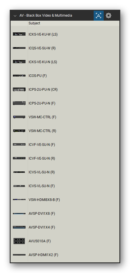 AV, Broadcast & Stage Lighting tool set for Bluebeam Revu, Black Box Video & Multimedia set (tools 19-35 of 139) - 17 views of 13 devices, front, rear and side: ICKS-VE-KU-W, ICQS-VE-SU-W, ICKS-VE-KU-N, ICOS-PU, ICPS-2U-PU-N, VSW-MC-CTRL, ICVF-VE-SU-N, ICVS-VL-SU-N, VSW-HDMI8X8-B, AVSP-DVI1X8 and 3 more. Tool Chest in Detail view, one row per tool with its name.