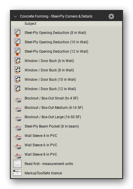 Steel ply corners and details in the Concrete Forming Takeoff & Estimating Bluebeam tool set (sheet 6 of 6)