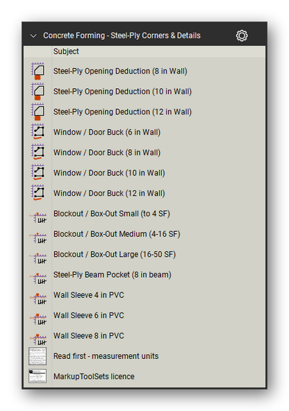 Steel ply corners and details in the Concrete Forming Takeoff & Estimating Bluebeam tool set (sheet 6 of 6)
