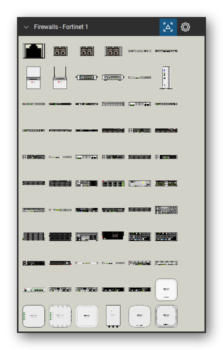 Firewalls & Security Appliances tool set for Bluebeam Revu, Fortinet 1 set (tools 1-66 of 226) - 66 views of 56 devices, front and rear: SFP RJ45 GE Transceiver, SFP Fiber GE Transceiver, Accessories & Other Products - SFP+ 10GE, QSFP+ 40GE / QSF28 100GE Transceiver, FortiRPS-100, FRPS-740, FEX-20D, FEX-40D, FEX-201/211E/202E/212E, FEX-511F and 46 more. Tool Chest in Symbol view.