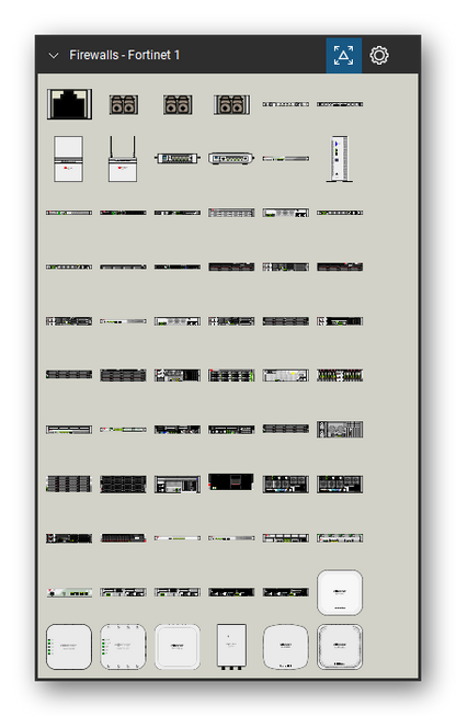 Firewalls & Security Appliances tool set for Bluebeam Revu, Fortinet 1 set (tools 1-66 of 226) - 66 views of 56 devices, front and rear: SFP RJ45 GE Transceiver, SFP Fiber GE Transceiver, Accessories & Other Products - SFP+ 10GE, QSFP+ 40GE / QSF28 100GE Transceiver, FortiRPS-100, FRPS-740, FEX-20D, FEX-40D, FEX-201/211E/202E/212E, FEX-511F and 46 more. Tool Chest in Symbol view.