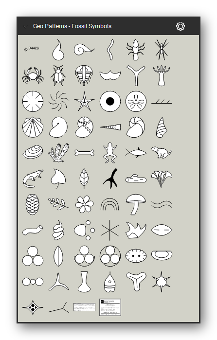 Geologic Hatch Patterns & Map Units tool set for Bluebeam Revu: Fossil Symbols set, all 62 tools (10.1.1 to 10.2.61) - fossil symbols - invertebrates, trilobites, ammonoids, gastropods, vertebrates, mammals, plants, trace fossils, microfossils - and the fossil locality symbol. Tool Chest in Symbol view.