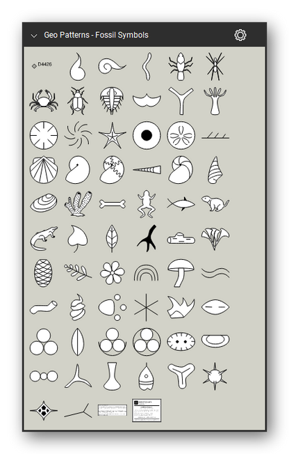 Geologic Hatch Patterns & Map Units tool set for Bluebeam Revu: Fossil Symbols set, all 62 tools (10.1.1 to 10.2.61) - fossil symbols - invertebrates, trilobites, ammonoids, gastropods, vertebrates, mammals, plants, trace fossils, microfossils - and the fossil locality symbol. Tool Chest in Symbol view.