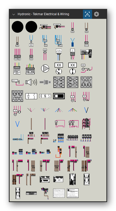 Hydronic Heating & Controls tool set for Bluebeam Revu, Tekmar Electrical & Wiring set - 75 views of 71 devices, side, top and bottom: 120V, 24V, Power Supply 120V and 24V, 24V(ac) Transformer, Zone Valve, Zone Pump 1, Zone Pump 2, Single Sensor with Wiring, Two Sensors with Wiring, Three Sensors with Wiring and 61 more. Tool Chest in Symbol view.