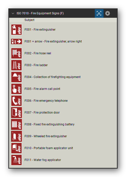 ISO 7010 Safety Signs tool set for Bluebeam Revu, Fire Equipment Signs (F) set (part 1 of 2) - 22 red fire equipment signs: fire extinguisher (also with a direction arrow), fire hose reel, fire ladder, collection of firefighting equipment, fire alarm call point, fire emergency telephone, fire protection door, fixed fire extinguishing installations, fire blanket, firefighters' lift, fire alarm flashing light and two direction arrows. Tool Chest in Detail view, one row per sign with its number and full name.