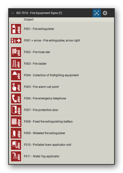 ISO 7010 Safety Signs tool set for Bluebeam Revu, Fire Equipment Signs (F) set (part 1 of 2) - 22 red fire equipment signs: fire extinguisher (also with a direction arrow), fire hose reel, fire ladder, collection of firefighting equipment, fire alarm call point, fire emergency telephone, fire protection door, fixed fire extinguishing installations, fire blanket, firefighters' lift, fire alarm flashing light and two direction arrows. Tool Chest in Detail view, one row per sign with its number and full name.
