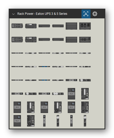 Rack Power tool set for Bluebeam Revu, Eaton UPS 3 & 5 Series set (tools 1-48 of 216) - 48 views of 29 devices, front and rear: 3S 550, 3S 550 Side 1, 3S 550 Side 2, 3S 550 Side 3, 3S 550 Side 4, 3S 750, 3S 750 Side 1, 3S 750 Side 2, 3S 750 Side 3, 3S 750 Side 4 and 19 more. Tool Chest in Symbol view.