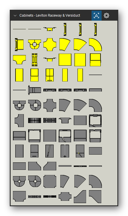 Racks, Cabinets & Cable Pathways tool set for Bluebeam Revu, Leviton Raceway & Versiduct set (tools 1-72 of 131) - 72 tools: S2DCT-DSL, S2DCT-SDT, S2DRP-DCT, S2END-20D, S2END-38D, S2END-38H, S2END-OUT, S2FSL-INL, S2HCR-HCR, S2HEL-3DC and 62 more. Tool Chest in Symbol view.