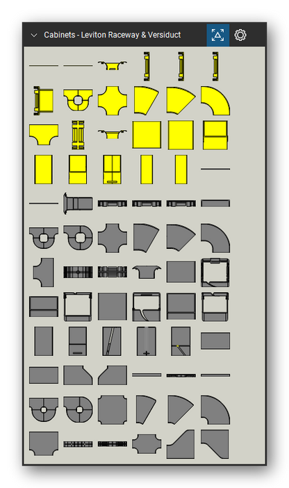 Racks, Cabinets & Cable Pathways tool set for Bluebeam Revu, Leviton Raceway & Versiduct set (tools 1-72 of 131) - 72 tools: S2DCT-DSL, S2DCT-SDT, S2DRP-DCT, S2END-20D, S2END-38D, S2END-38H, S2END-OUT, S2FSL-INL, S2HCR-HCR, S2HEL-3DC and 62 more. Tool Chest in Symbol view.