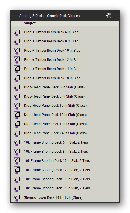 Generic deck classes in the Shoring & Elevated Decks Takeoff & Estimating Bluebeam tool set (sheet 1 of 2)