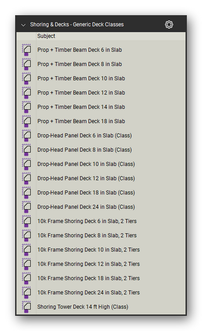 Generic deck classes in the Shoring & Elevated Decks Takeoff & Estimating Bluebeam tool set (sheet 1 of 2)