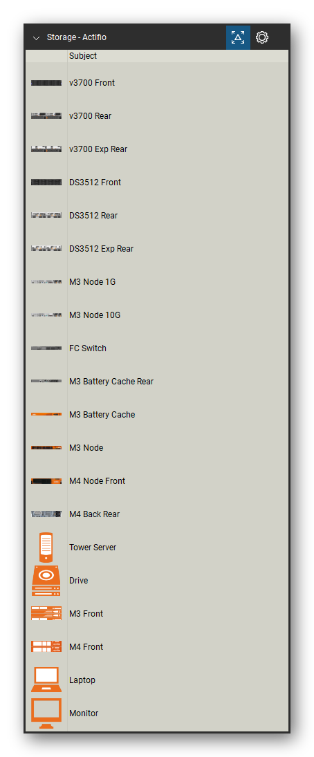 Storage & Backup tool set for Bluebeam Revu, Actifio set (tools 1-20 of 28) - 20 views of 17 devices, front and rear: v3700, v3700 Exp, DS3512, DS3512 Exp, M3 Node 1G, M3 Node 10G, FC Switch, M3 Battery Cache, M3 Node, M4 Node and 7 more. Tool Chest in Detail view, one row per tool with its name.