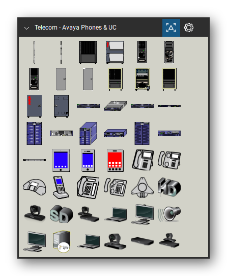 Telecom, Voice & Wireless tool set for Bluebeam Revu, Avaya Phones & UC set (tools 1-48 of 297) - 48 views of 44 devices, front, rear and isometric: Plug-In Card 1, Plug-In Card, Rack Mounted (Open View), Rack Mounted (Closed View), Large Cabinet System (Open View), Large Cabinet System (Rear View Open), Large Cabinet system (Open View Unpopulate, Large Cabinet System (Closed View, Large Cabinet System (Rear Closed View), PG-203 (Open View Partially Populated) and 34 more. Tool Chest in Symbol view.