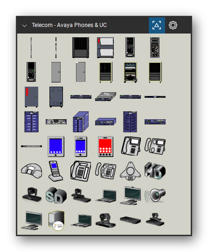 Telecom, Voice & Wireless tool set for Bluebeam Revu, Avaya Phones & UC set (tools 1-48 of 297) - 48 views of 44 devices, front, rear and isometric: Plug-In Card 1, Plug-In Card, Rack Mounted (Open View), Rack Mounted (Closed View), Large Cabinet System (Open View), Large Cabinet System (Rear View Open), Large Cabinet system (Open View Unpopulate, Large Cabinet System (Closed View, Large Cabinet System (Rear Closed View), PG-203 (Open View Partially Populated) and 34 more. Tool Chest in Symbol view.