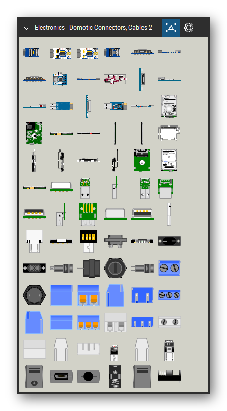 Automation & Electronics tool set for Bluebeam Revu, Domotic Connectors, Cables 2 set (tools 1-78 of 152) - 78 views of 35 devices, front, rear, side, top and bottom: USB BUB (II) 5V, USB BUB (II) 3v3, USB BUB(II) 5V, CP2102 Micro USB to UART TTL, USB BUB II Logical, CP2102 Micro USB to UART TTL Side 3, CP2102 Micro USB to UART TTL Side 1, CP2102 Micro USB to UART TTL Side 2, CNT-003A CP2104, CP2102 Micro USB to UART TTL Side 4 and 25 more. Tool Chest in Symbol view.