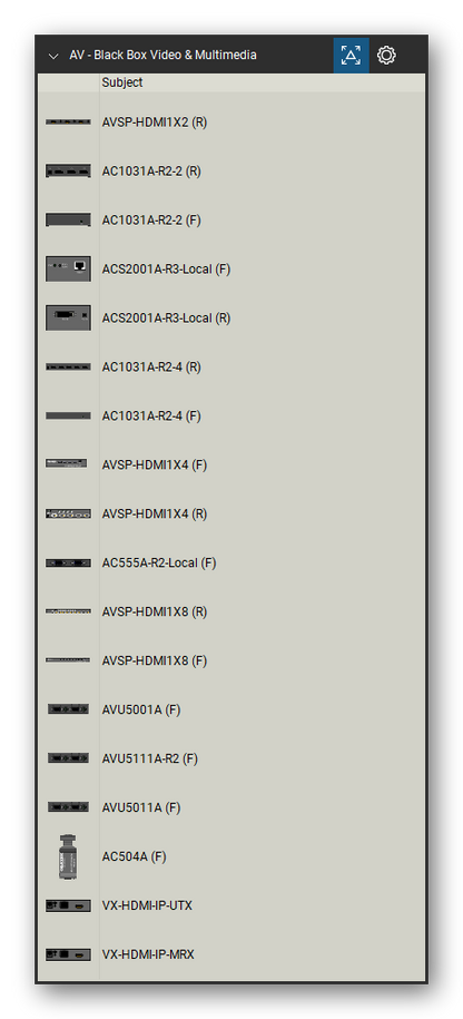 AV, Broadcast & Stage Lighting tool set for Bluebeam Revu, Black Box Video & Multimedia set (tools 36-53 of 139) - 18 views of 13 devices, front and rear: AVSP-HDMI1X2, AC1031A-R2-2, ACS2001A-R3-Local, AC1031A-R2-4, AVSP-HDMI1X4, AC555A-R2-Local, AVSP-HDMI1X8, AVU5001A, AVU5111A-R2, AVU5011A and 3 more. Tool Chest in Detail view, one row per tool with its name.