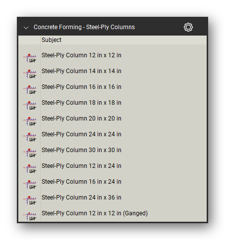 Steel ply columns in the Concrete Forming Takeoff & Estimating Bluebeam tool set (sheet 1 of 2)