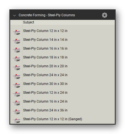 Steel ply columns in the Concrete Forming Takeoff & Estimating Bluebeam tool set (sheet 1 of 2)