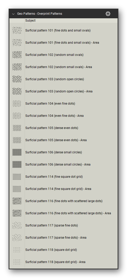 Geologic Hatch Patterns & Map Units tool set for Bluebeam Revu: Overprint Patterns set, tools 1-20 of 178 - Surficial pattern 101 (fine dots and small ovals), Surficial pattern 102 (random small ovals), Surficial pattern 103 (random open circles), Surficial pattern 104 (even fine dots), Surficial pattern 105 (dense even dots) and 5 more. Tool Chest in Detail view, one row per tool with its FGDC reference number and name.