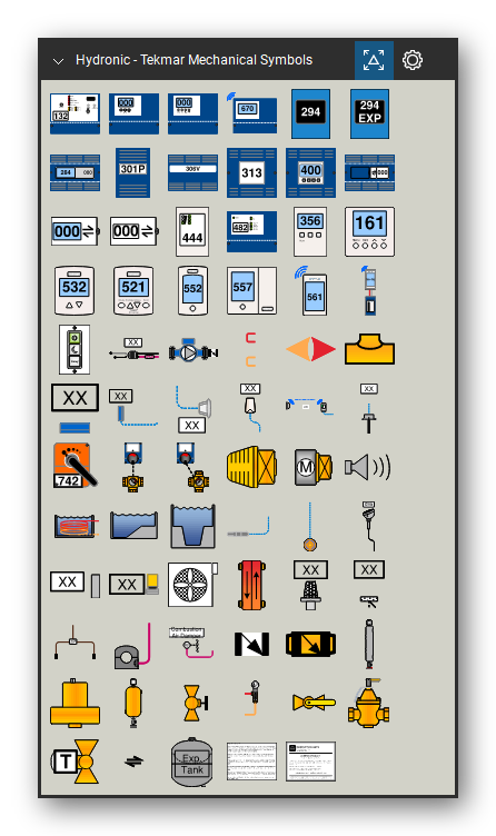 Hydronic Heating & Controls tool set for Bluebeam Revu, Tekmar Mechanical Symbols set - 69 tools: Tekmar 132, 3 Button Classic, 4 Button Classic, WiFi Touchscreen, Tekmar 294, 294EXP, Tekmar 284/680, 301P, Zone Control, Wiring Center and 58 more. Tool Chest in Symbol view.