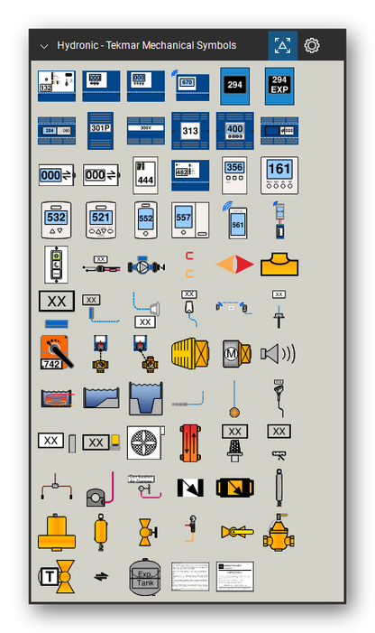 Hydronic Heating & Controls tool set for Bluebeam Revu, Tekmar Mechanical Symbols set - 69 tools: Tekmar 132, 3 Button Classic, 4 Button Classic, WiFi Touchscreen, Tekmar 294, 294EXP, Tekmar 284/680, 301P, Zone Control, Wiring Center and 58 more. Tool Chest in Symbol view.