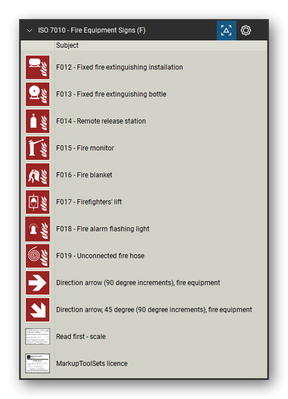 ISO 7010 Safety Signs tool set for Bluebeam Revu, Fire Equipment Signs (F) set (part 2 of 2) - 22 red fire equipment signs: fire extinguisher (also with a direction arrow), fire hose reel, fire ladder, collection of firefighting equipment, fire alarm call point, fire emergency telephone, fire protection door, fixed fire extinguishing installations, fire blanket, firefighters' lift, fire alarm flashing light and two direction arrows. Tool Chest in Detail view, one row per sign with its number and full name.