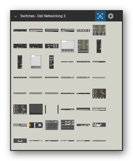 Network Switches & Routers tool set for Bluebeam Revu, Dell Networking 3 set (tools 1-48 of 216) - 48 views of 43 devices, front and rear: S6100-ON, S6100-ON 16x40GE QSFP+, S6100-ON 8x100GE QSFP+, S6100-ON 4x100GE QSFP28 4x100GE CXP, C7004, C-Series AC PSU (1200W), C-Series AC PSU (1600W), C-Series DC PSU, C7008, C-Series AC PSU V (1200W) and 33 more. Tool Chest in Symbol view.