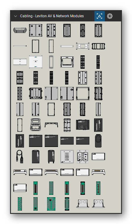 Patch Panels, Fiber & Outlets tool set for Bluebeam Revu, Leviton AV & Network Modules set (tools 1-72 of 100) - 72 views of 69 devices, front, side and top: 47600-12B, 47605-14E, 47605-21E, 47605-28W, 47605-42N, 47605-M28, 47612-1SB, 47612-28B, 47612-42B, 47612-6SB and 59 more. Tool Chest in Symbol view.