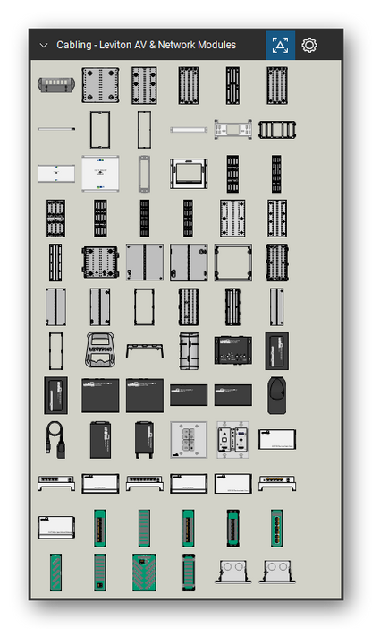 Patch Panels, Fiber & Outlets tool set for Bluebeam Revu, Leviton AV & Network Modules set (tools 1-72 of 100) - 72 views of 69 devices, front, side and top: 47600-12B, 47605-14E, 47605-21E, 47605-28W, 47605-42N, 47605-M28, 47612-1SB, 47612-28B, 47612-42B, 47612-6SB and 59 more. Tool Chest in Symbol view.