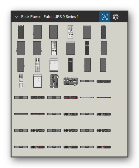 Rack Power tool set for Bluebeam Revu, Eaton UPS 9 Series 1 set (tools 1-48 of 220) - 48 views of 19 devices, front, rear, side and top: 9E 20kVA, 9E 30kVA, 9E 40kVA, 9E 60kVA, Network Mgmt Card V, Network Mgmt Card, 9PXEBM36RT 36V EBM, 9PXEBM48RT 48V EBM, 9PXEBM72RT 72V EBM, 9PXEBM48RT-L 48V EBM and 9 more. Tool Chest in Symbol view.