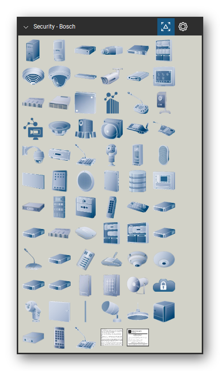 Security & Surveillance tool set for Bluebeam Revu, Bosch set - 69 tools: Workstation, Professional Series Intrusion Detector, Videojet decoder 7000, Dinion IP 7000, Management Server, MAP5000 Intrusion panel, Avenar detector 4000, Flexidome IP 7000, Videojet multi 4000, Dinion IP Bullet and 56 more. Tool Chest in Symbol view.