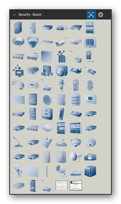 Security & Surveillance tool set for Bluebeam Revu, Bosch set - 69 tools: Workstation, Professional Series Intrusion Detector, Videojet decoder 7000, Dinion IP 7000, Management Server, MAP5000 Intrusion panel, Avenar detector 4000, Flexidome IP 7000, Videojet multi 4000, Dinion IP Bullet and 56 more. Tool Chest in Symbol view.