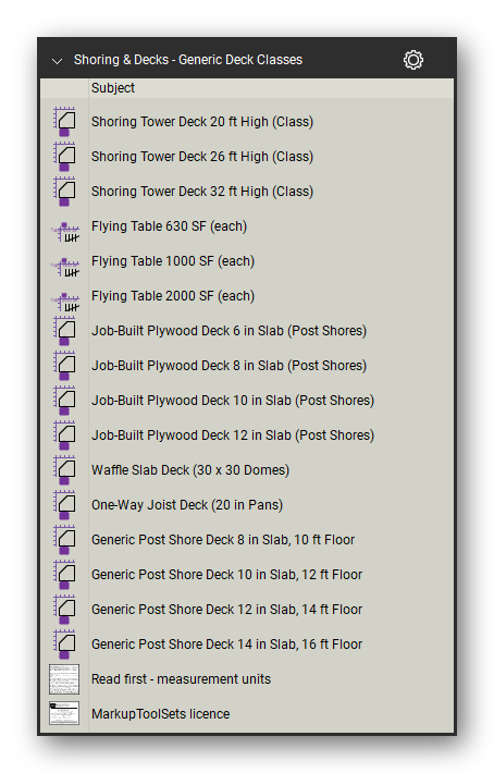 Generic deck classes in the Shoring & Elevated Decks Takeoff & Estimating Bluebeam tool set (sheet 2 of 2)