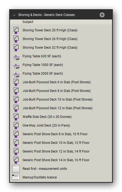 Generic deck classes in the Shoring & Elevated Decks Takeoff & Estimating Bluebeam tool set (sheet 2 of 2)