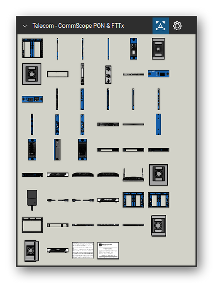 Telecom, Voice & Wireless tool set for Bluebeam Revu, CommScope PON & FTTx set - 50 tools: C9500-DC-000-001, LIM-8MP/PIM-8EB, LIM-8X+/PIM-8XE, BLK-C9500, UM-EXFPA, PIM-8XES-XFP, UM-EXFPAS-XFP, BOS-CH-03-019, BOS-RX-02-1-11, BOS-PS-01-00-00 and 40 more. Tool Chest in Symbol view.
