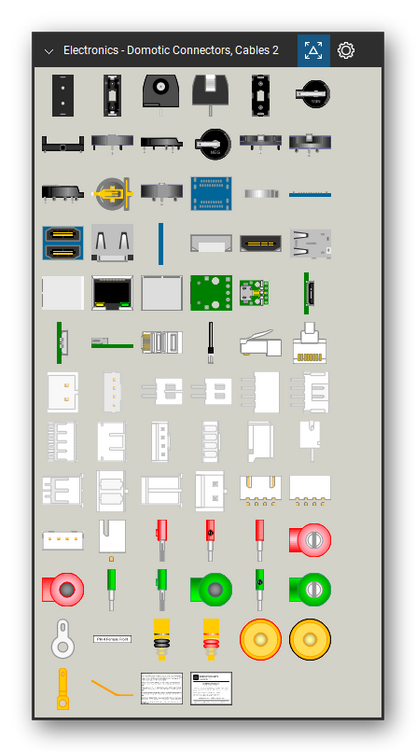 Automation & Electronics tool set for Bluebeam Revu, Domotic Connectors, Cables 2 set (tools 79-152 of 152) - 74 views of 36 devices, front, rear, side, top and bottom: Battery Holder 1/2AA, Battery Holder CR123A, Battery Holder 1/2AA Side Short, Battery Holder CR123A Short, Battery Holder LIR2032, Battery Holder CR123A Long, Battery Holder LIR2477, Battery Holder CR1220, Raspberry HDMI Connector, HDMI Chassis and 26 more. Tool Chest in Symbol view.