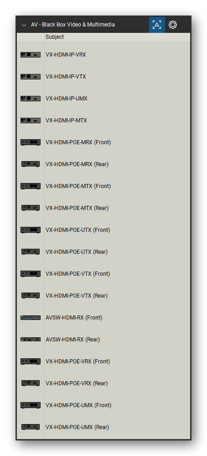AV, Broadcast & Stage Lighting tool set for Bluebeam Revu, Black Box Video & Multimedia set (tools 54-71 of 139) - 18 views of 11 devices, front and rear: VX-HDMI-IP-VRX, VX-HDMI-IP-VTX, VX-HDMI-IP-UMX, VX-HDMI-IP-MTX, VX-HDMI-POE-MRX, VX-HDMI-POE-MTX, VX-HDMI-POE-UTX, VX-HDMI-POE-VTX, AVSW-HDMI-RX, VX-HDMI-POE-VRX and 1 more. Tool Chest in Detail view, one row per tool with its name.