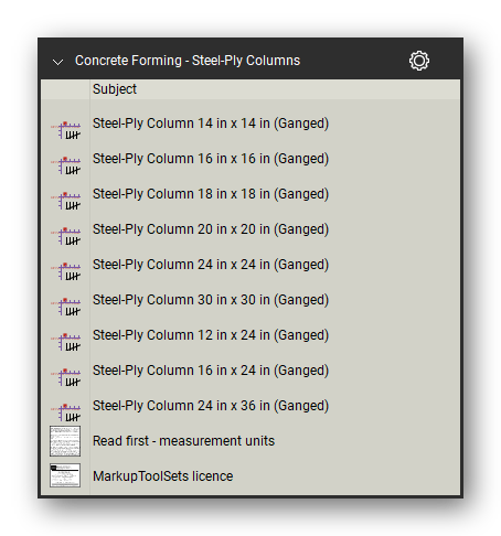 Steel ply columns in the Concrete Forming Takeoff & Estimating Bluebeam tool set (sheet 2 of 2)