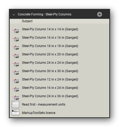Steel ply columns in the Concrete Forming Takeoff & Estimating Bluebeam tool set (sheet 2 of 2)