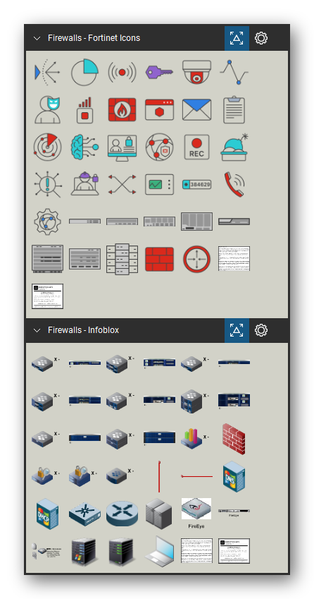 Firewalls & Security Appliances tool set for Bluebeam Revu, the Fortinet Icons and Infoblox sets in the Tool Chest - Fortinet Icons (35 tools) and Infoblox (34 views of 25 devices). Tool Chest in Symbol view.