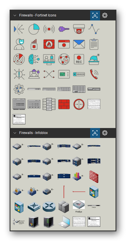 Firewalls & Security Appliances tool set for Bluebeam Revu, the Fortinet Icons and Infoblox sets in the Tool Chest - Fortinet Icons (35 tools) and Infoblox (34 views of 25 devices). Tool Chest in Symbol view.